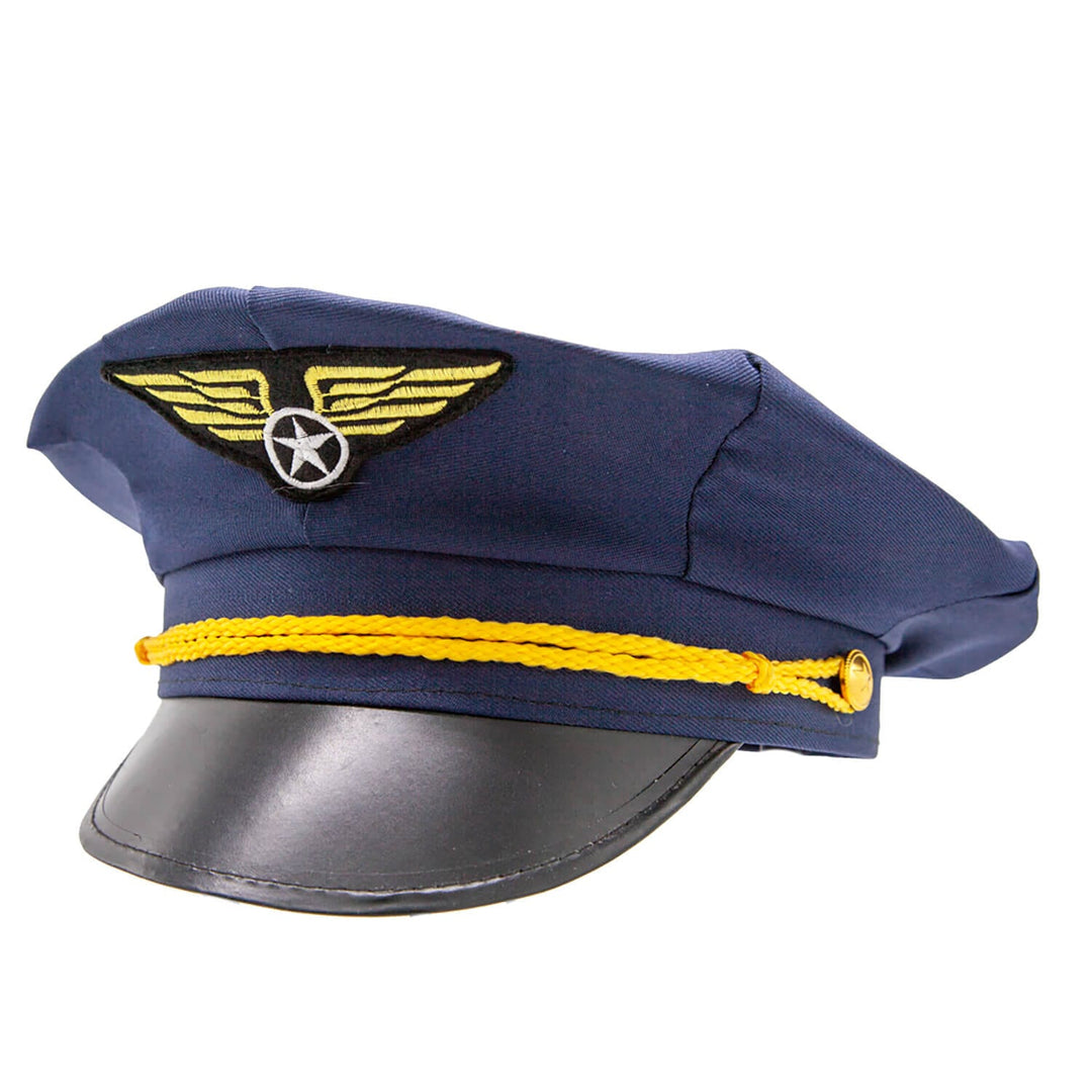 Blue pilot hat with yellow band and emblem on a white background