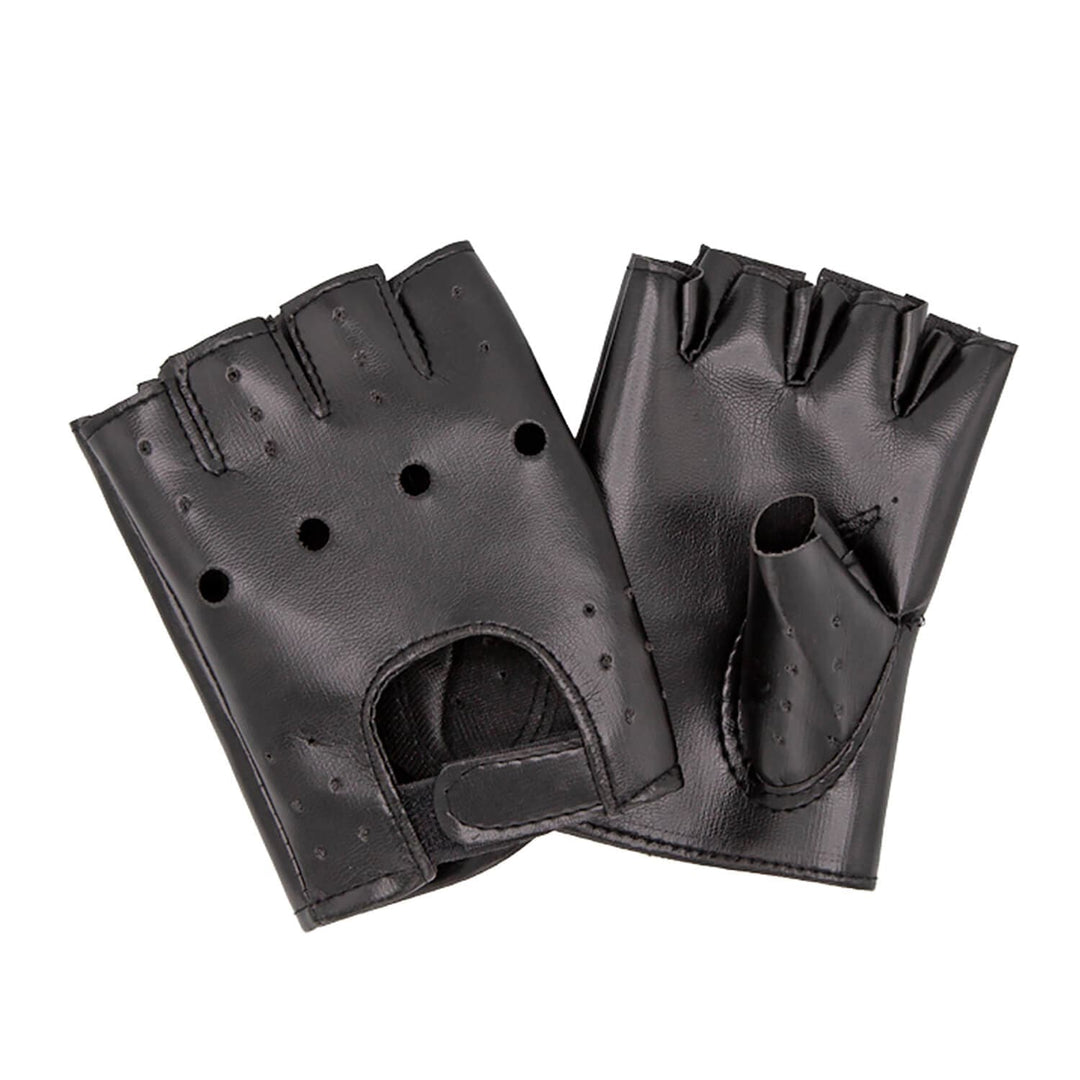 Pair of black leather fingerless gloves for biker costumes