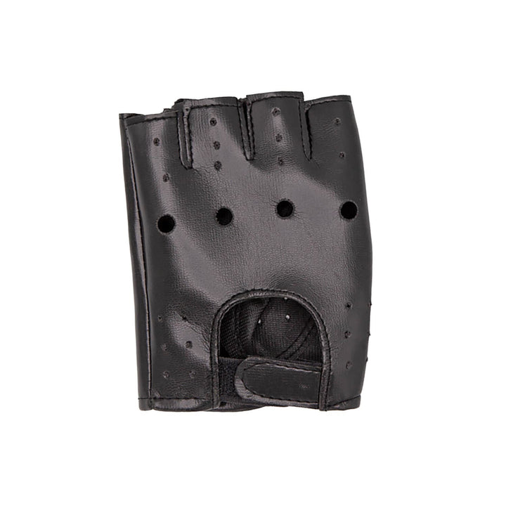 Black leather fingerless glove with wrist strap on a white background