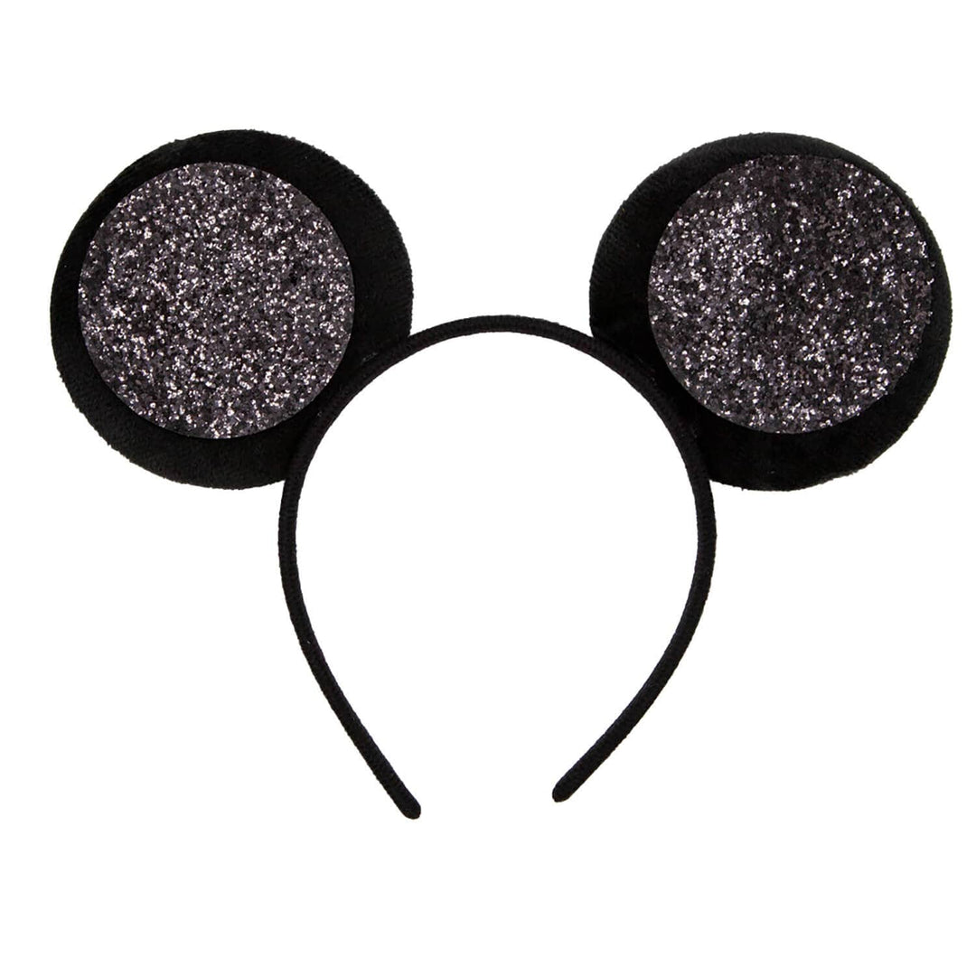 black glitter mouse ears on a black headband