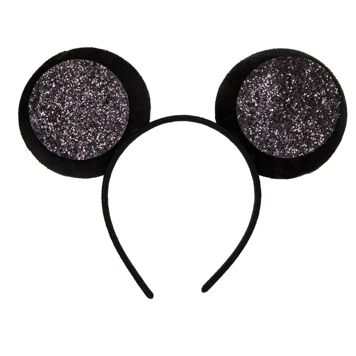 black glitter mouse ears on a black headband