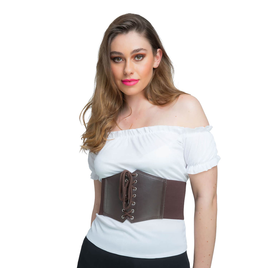 Lady wearing a white blouse with a brown leather corset belt