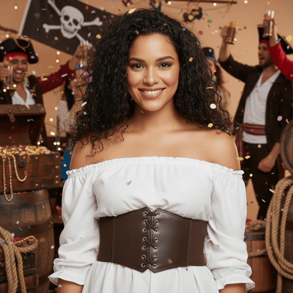 Woman in a pirate costume with a festive background