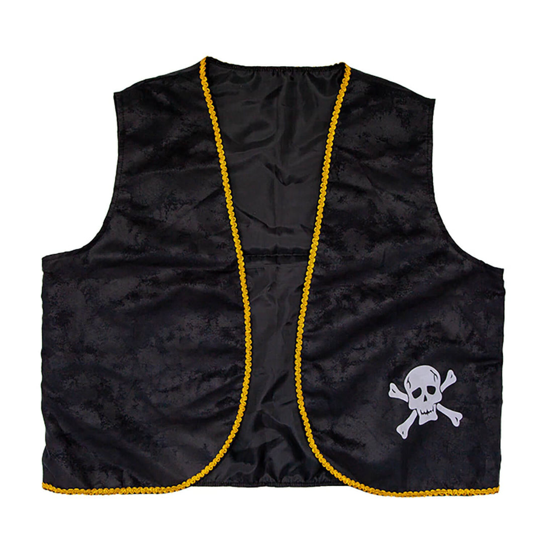 Black waistcoat with yellow trim and skull and crossbones design on a white background
