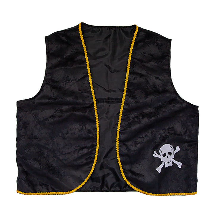 Black waistcoat with yellow trim and skull and crossbones design on a white background