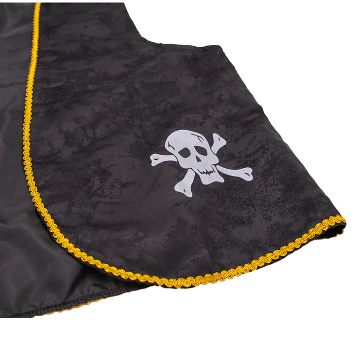 Black fabric with yellow ric rac trim and a white skull and crossbones design on a white background