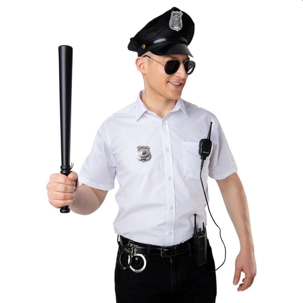 Man dressed as a police officer with peaked cap, aviator shades, radio, baton, handcuffs and silver bade