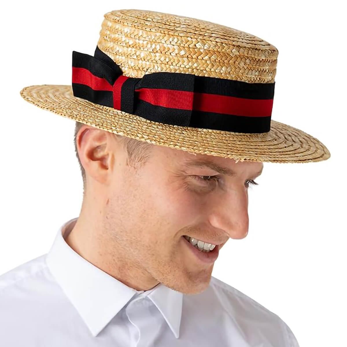 Classic Straw Boater Hat Red Black Band Adult Fancy Dress Party