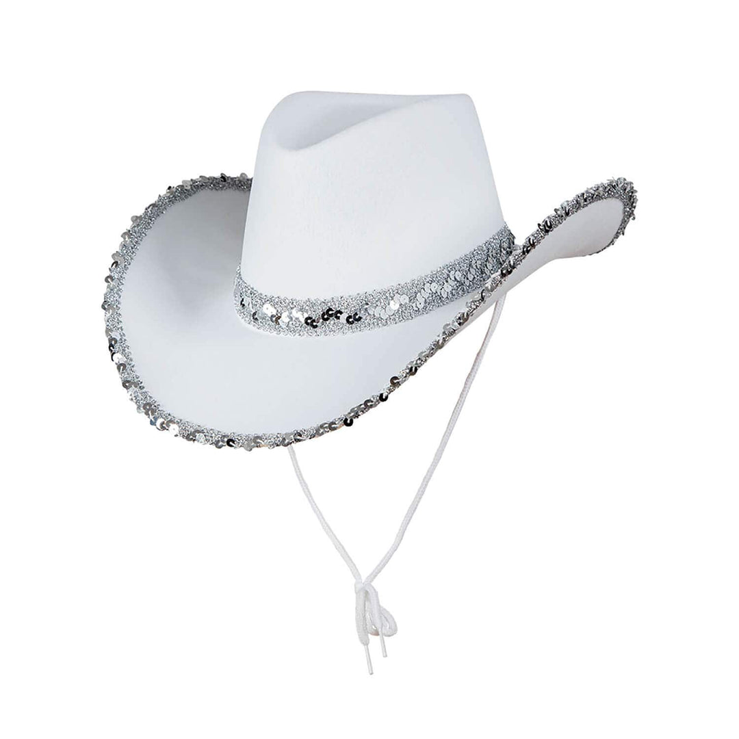 White cowboy hat with silver sequins and neck cord on a white background