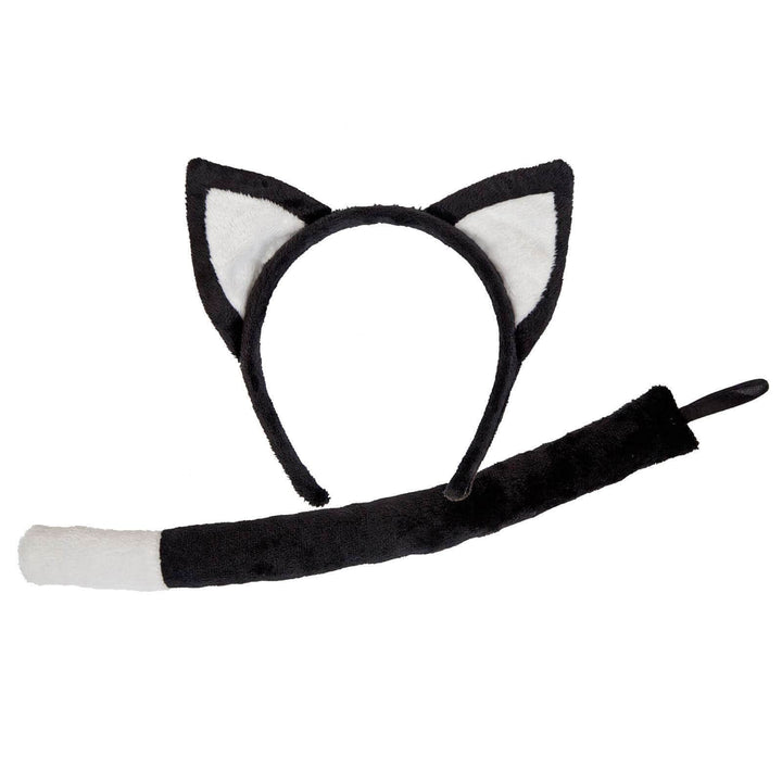 Ears &amp; Tail Set Kids Farm Animals Fancy Dress Pets Black &amp; White Cat