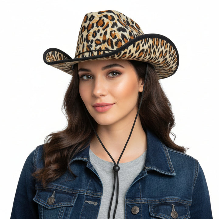 Young woman wearing a cowboy hat with leopard print pattern and black neck cord