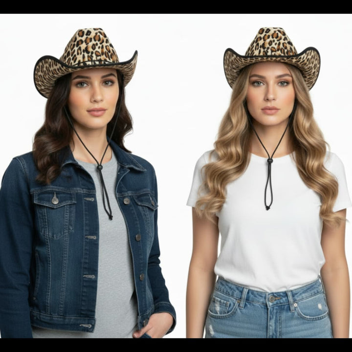 Two women wearing leopard print cowboy hats on a white background
