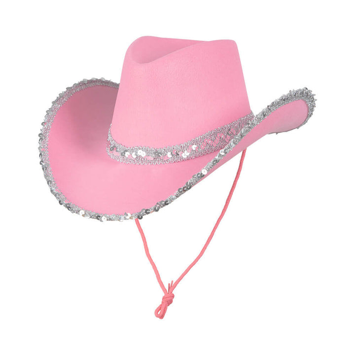 Pastel pink cowboy hat with silver sequins and neck cord on a white background