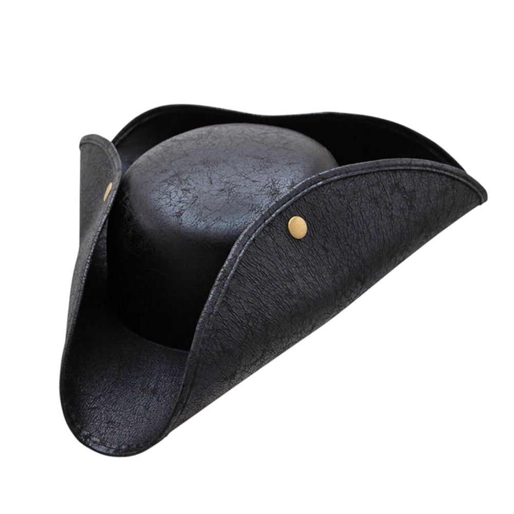 Black tricorn hat with a gold button on a white background