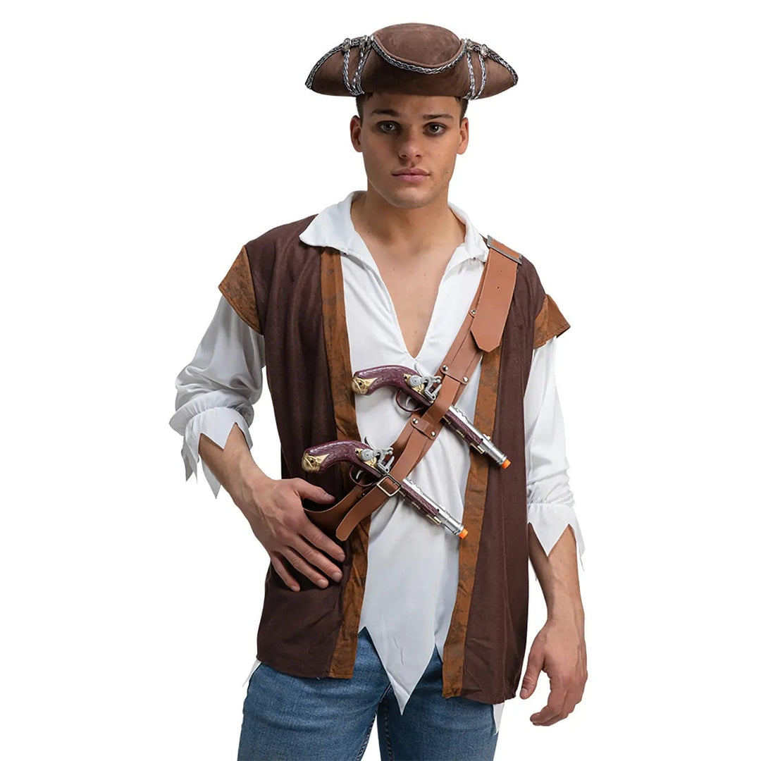 Man wearing a pirate costume with a shoulder belt holster with 2 pistols
