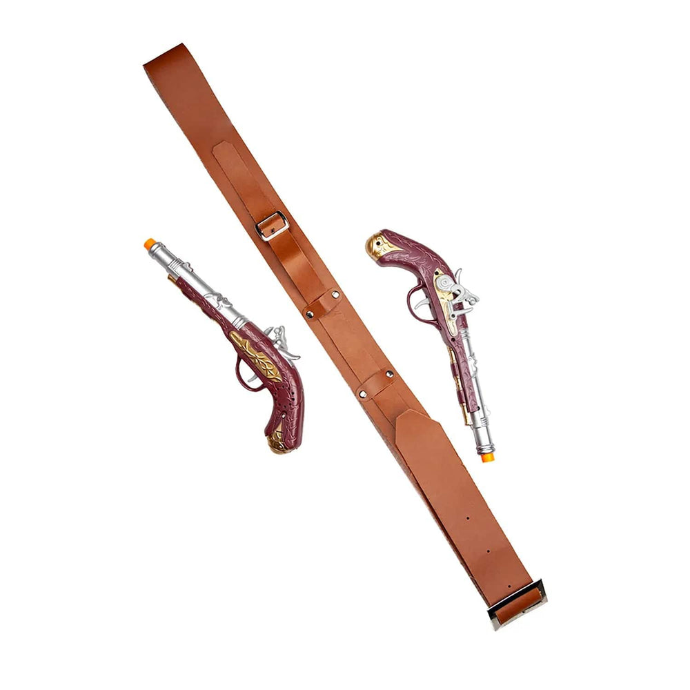 Faux leather shoulder belt holster with 2 flintlock pistols for fancy dress costumes