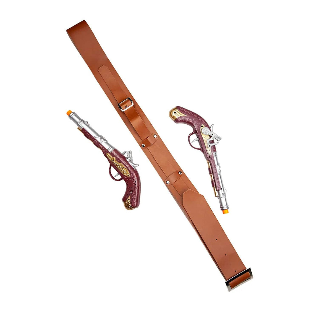 Faux leather shoulder belt holster with 2 flintlock pistols for fancy dress costumes