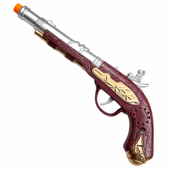 A fake flintlock pistol with maroon and gold detailing for pirate fancy dress costumes