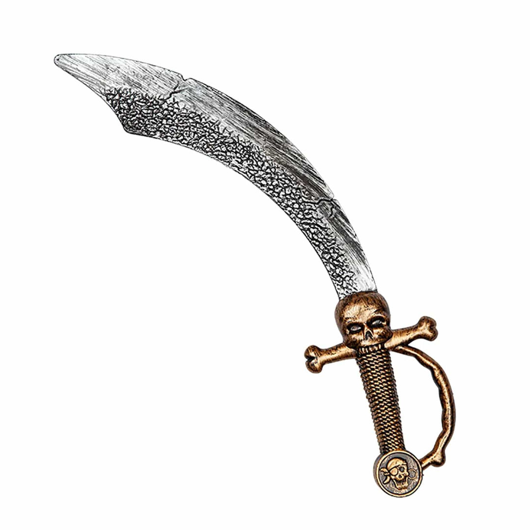 Plastic pirate sword with weathered silver blade and antique gold finish skull and bones handle