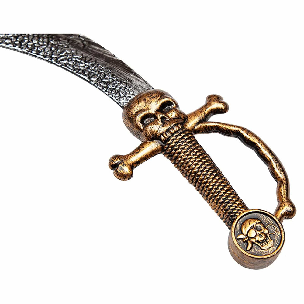Close up of childs pirate sword with antique gold finish skull and bones handle with guard