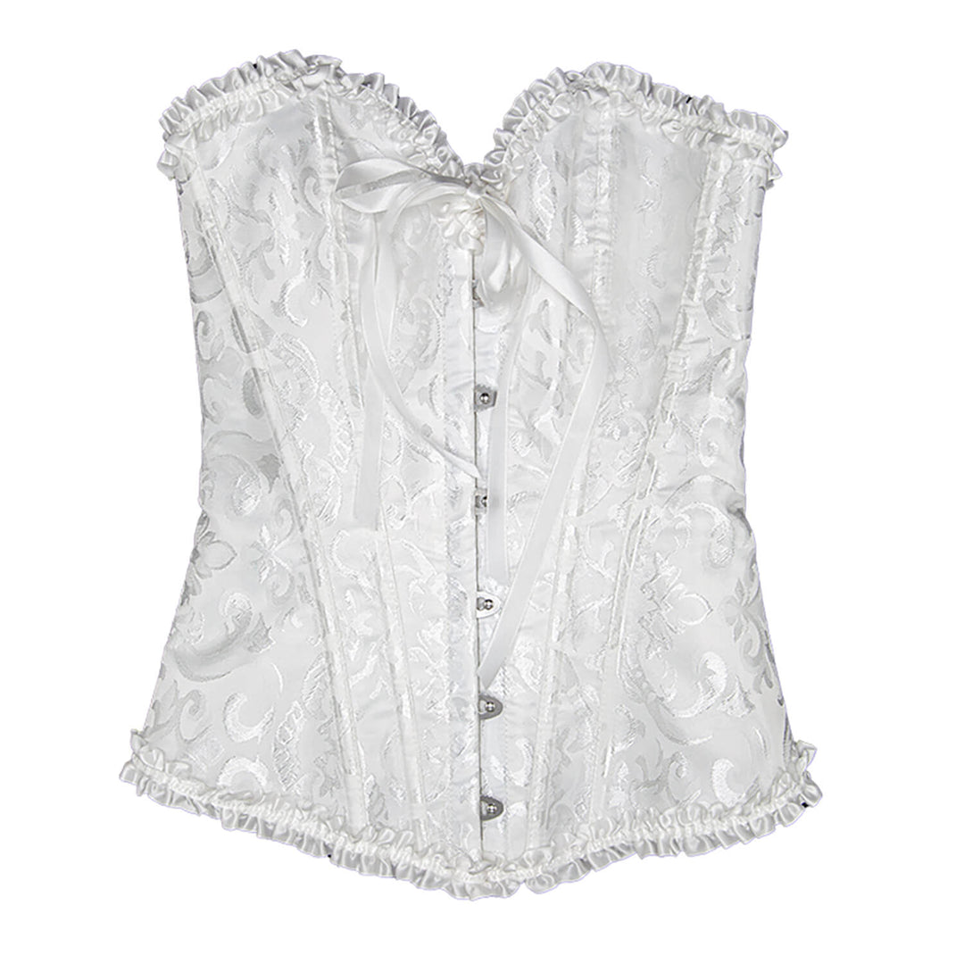 Front of a white corset with metal clasps, for fancy dress costumes