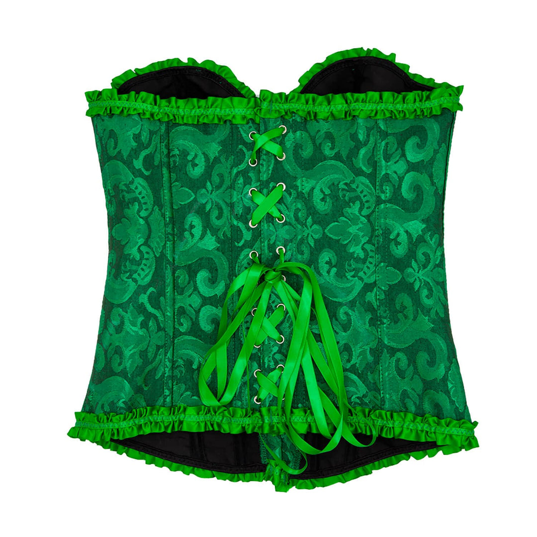 Back of a green corset with crossed satin ribbon ties and bow