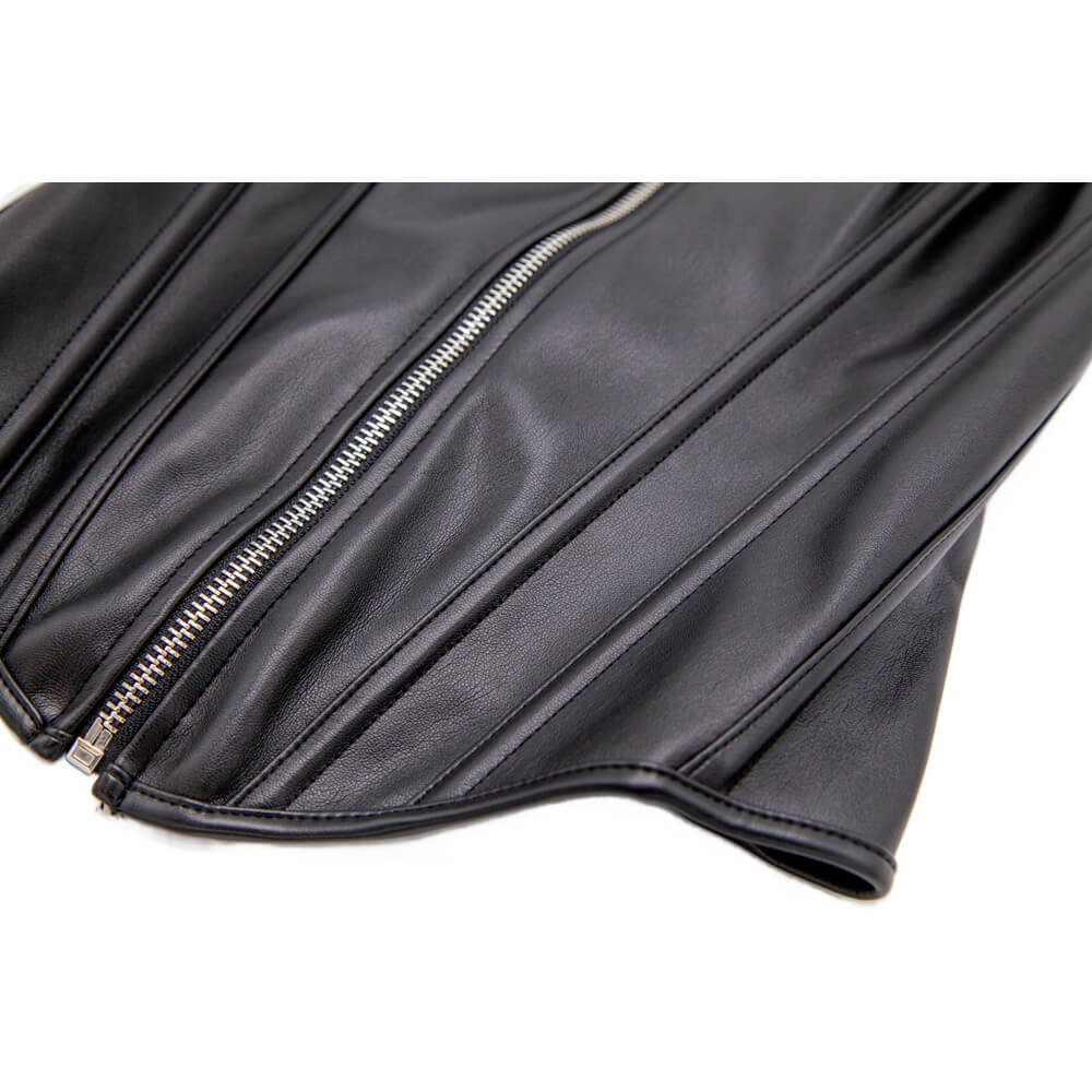 Black leather garment with silver zip