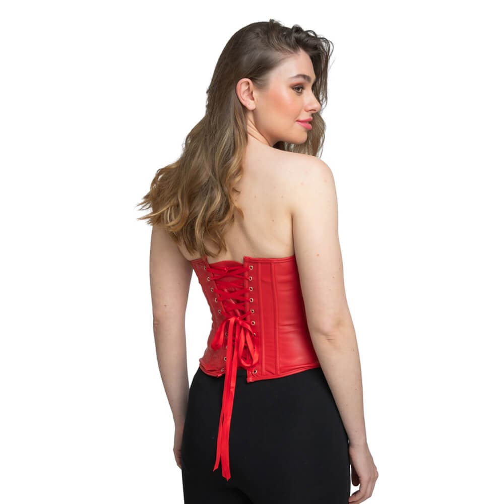 Back view of a woman wearing a red leather lace up corset
