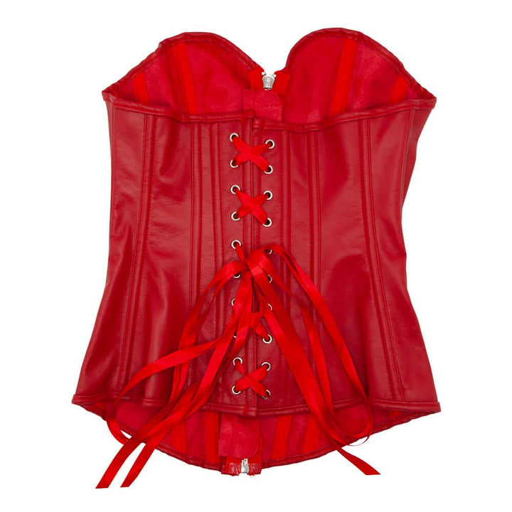 Red leather corset with red ribbon lace up back