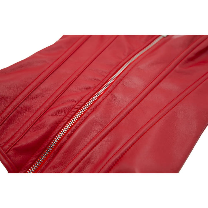 Close up a red leather garment with silver zip