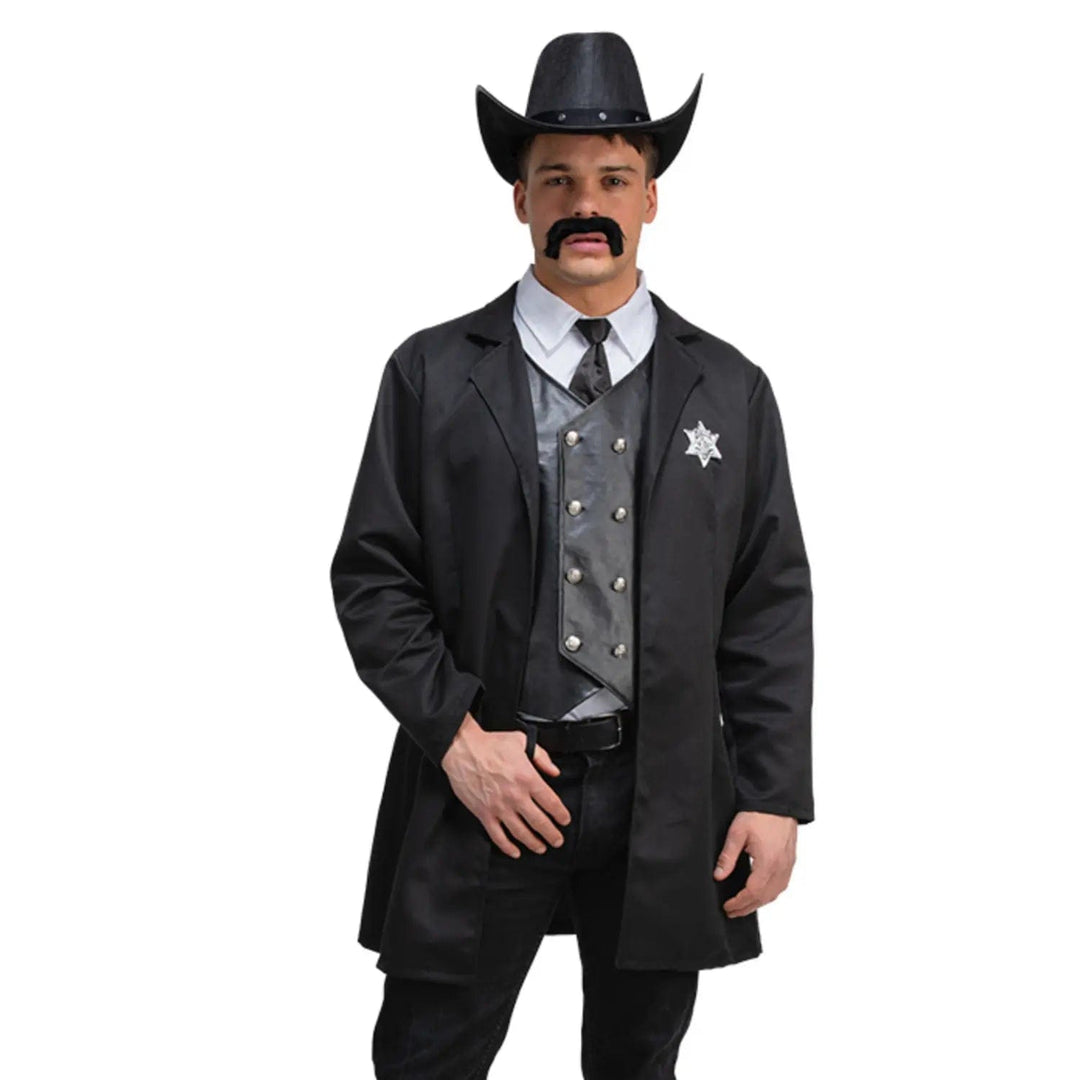 Man wearing a Western Sheriff fancy dress costume with long black jacket, waistcoat, shirt and tie