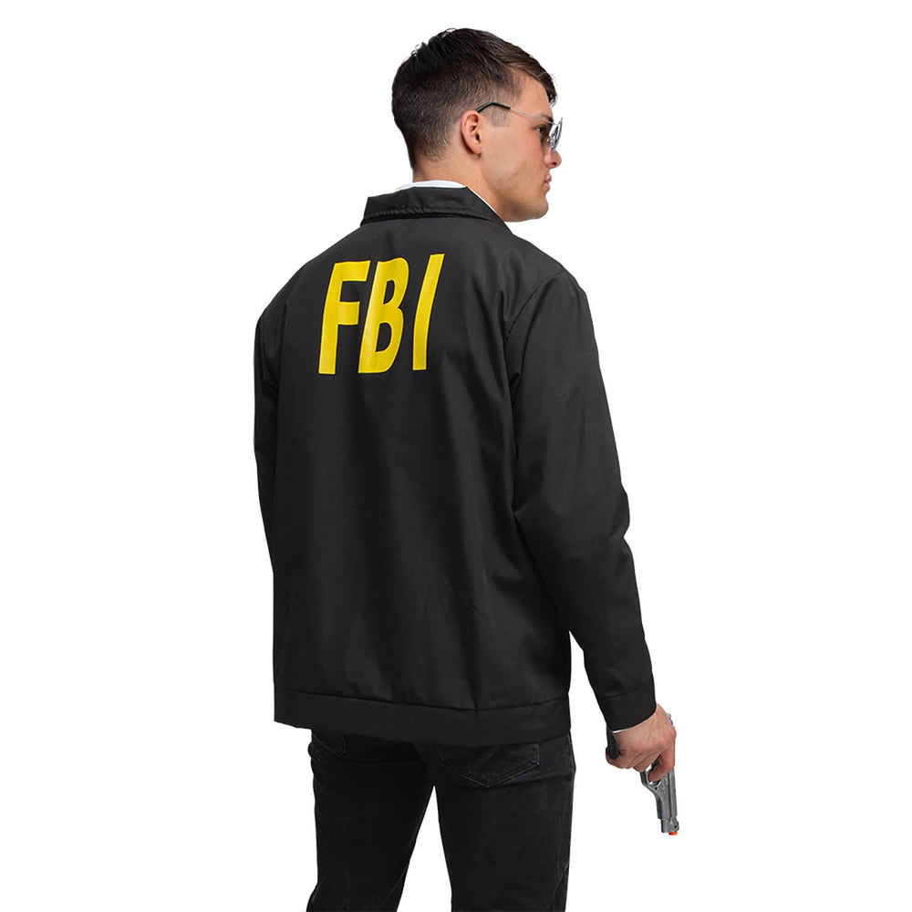 Back of a black FBI jacket with yellow text