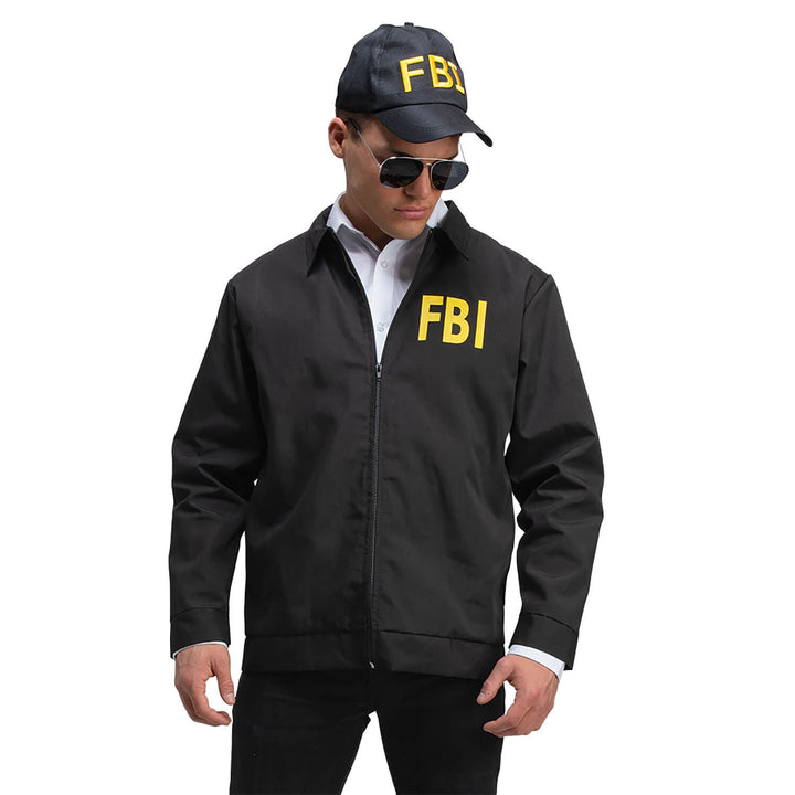 Man wearing a black FBI cap and jacket costume for Halloween fancy dress parties