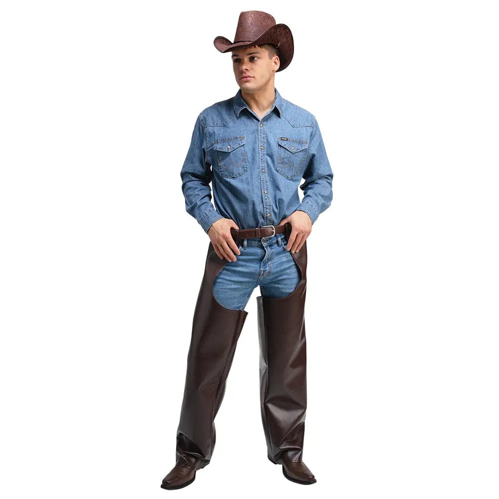 Man dressed as a cowboy with deluxe brown faux leather chaps