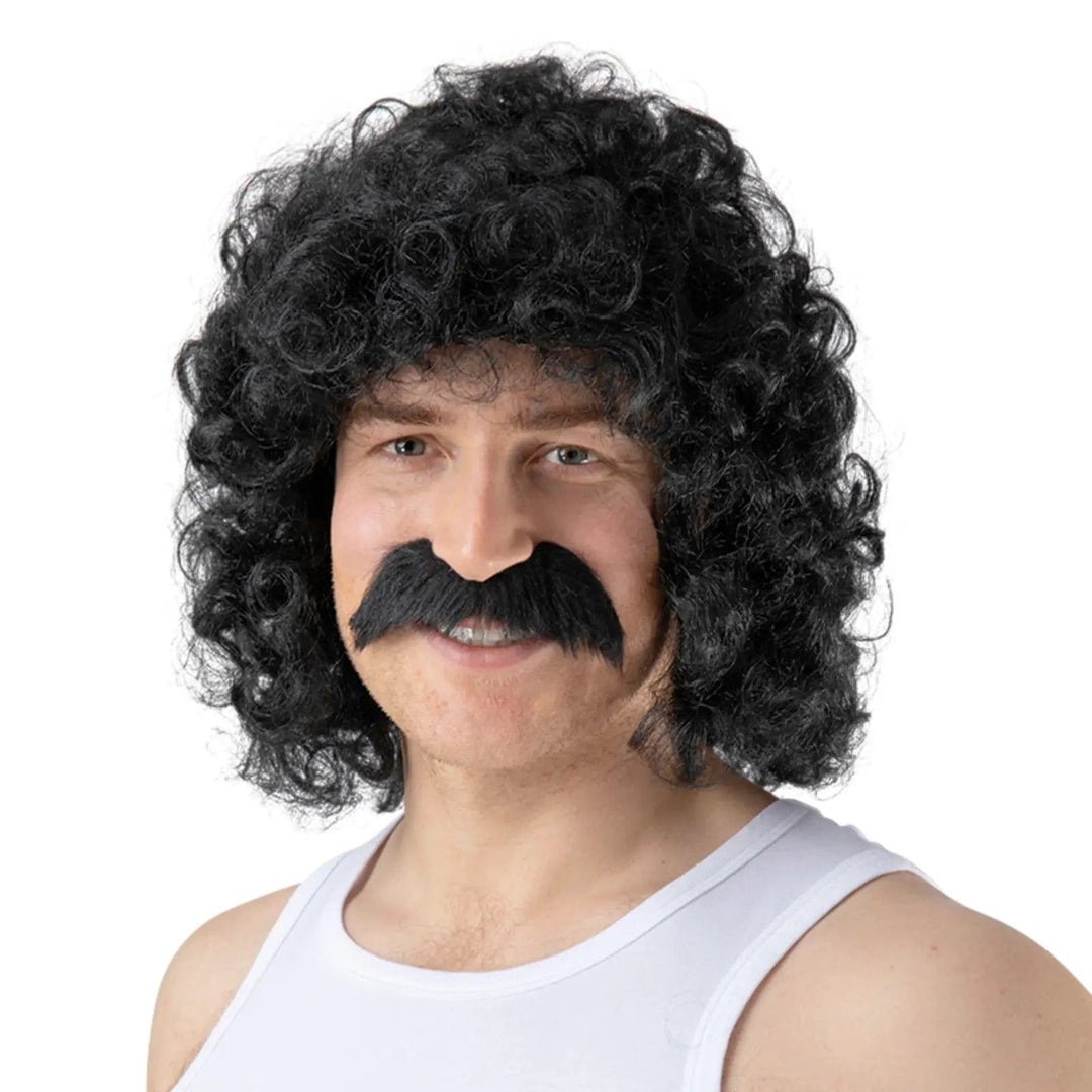 Black Perm Wig With Moustache Funny Scouser 80s Fancy Dress