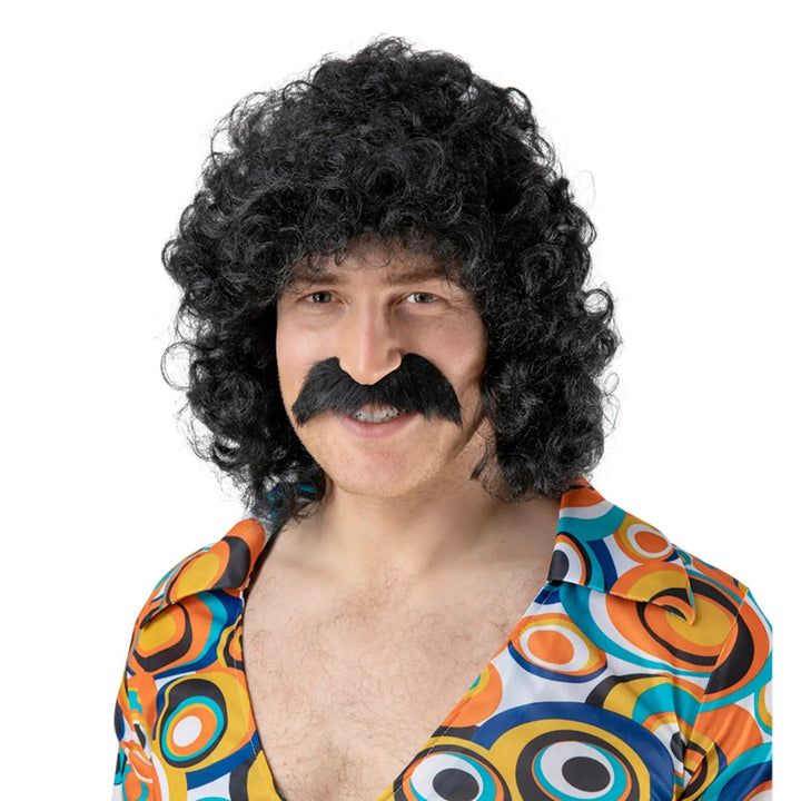 Black Perm Wig With Moustache Funny Scouser 80s Fancy Dress