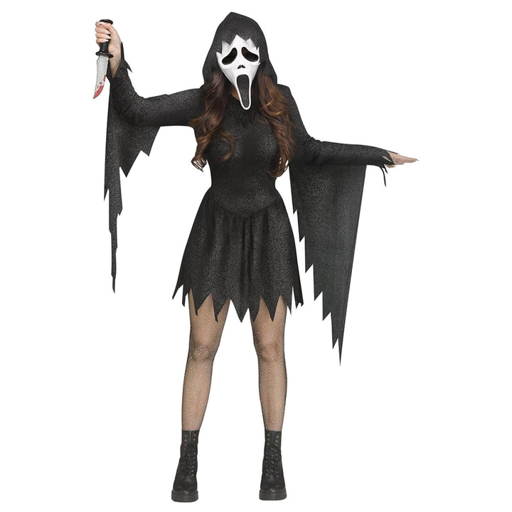 Lady modelling a sparkling black Ghost Face costume with long jegged edge sleeves and iconic Scream white mask