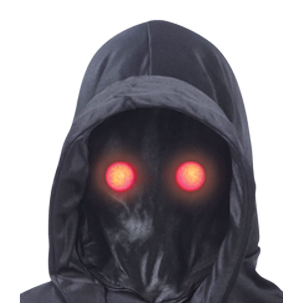 Dark hooded mask with glowing red eyes on a white background