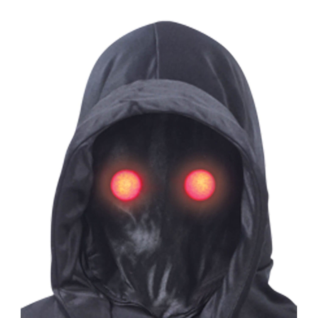 Dark hooded mask with glowing red eyes on a white background
