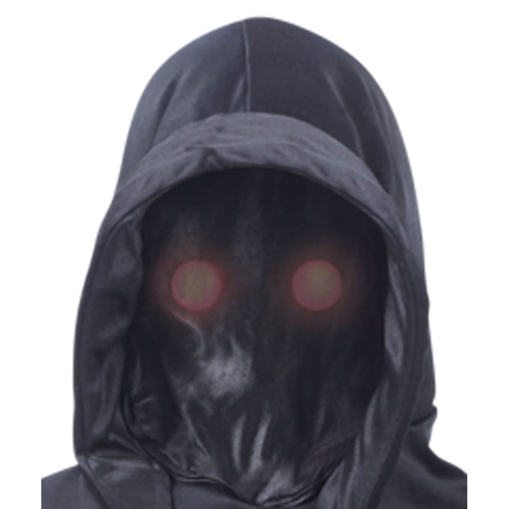 A black hooded mask with glowing red eyes, shown against a plain white background.