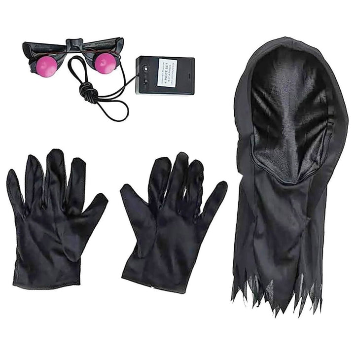 Black costume accessory set including a hooded face covering, a pair of gloves, and a black headpiece with red circular elements and a small battery pack, shown on a white background.
