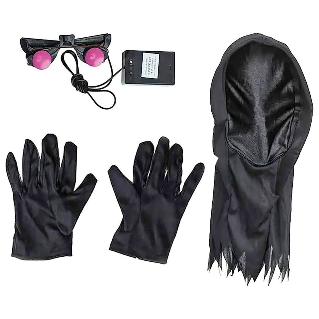 Black costume accessory set including a hooded face covering, a pair of gloves, and a black headpiece with red circular elements and a small battery pack, shown on a white background.