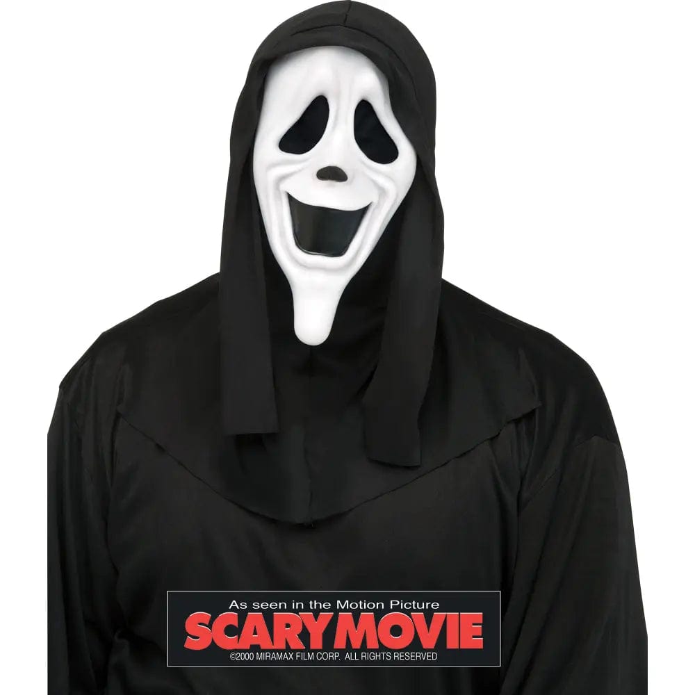 White Ghost Face mask with black hood from the motion picture Scary Movie. for Halloween fancy dress costumes