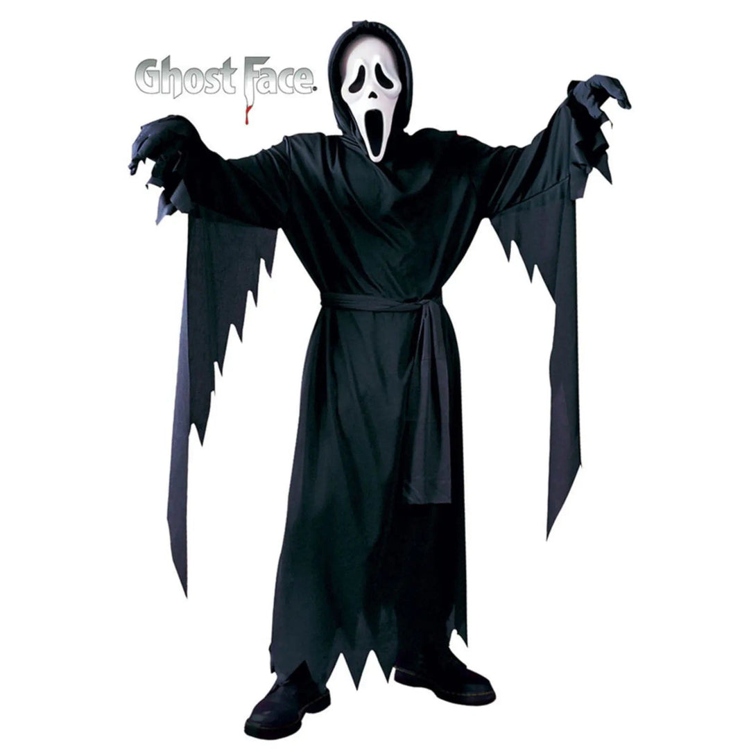Childs Ghost Face costume with black robe and white Scream mask for Halloween fancy dress parties