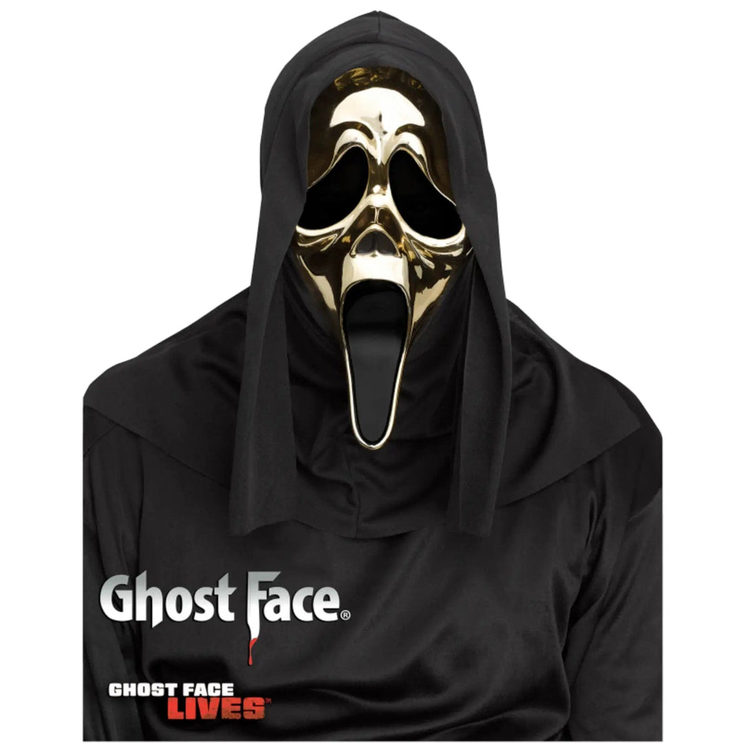 Polished gold effect Ghost Face Lives mask and black hood for Halloween fancy dress parties