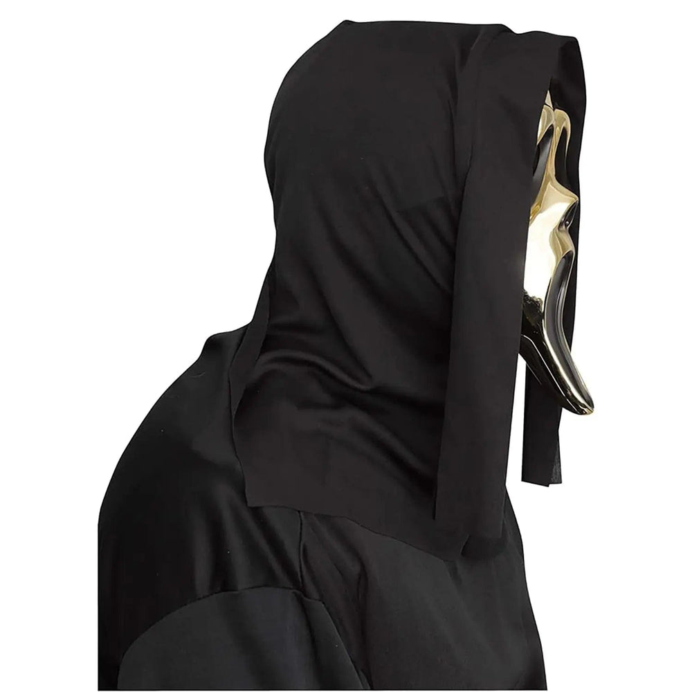 Side view of polished gold effect Ghost Face Lives mask and black hood