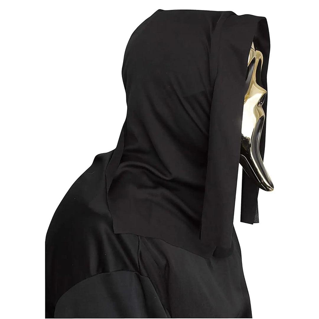 Side view of polished gold effect Ghost Face Lives mask and black hood