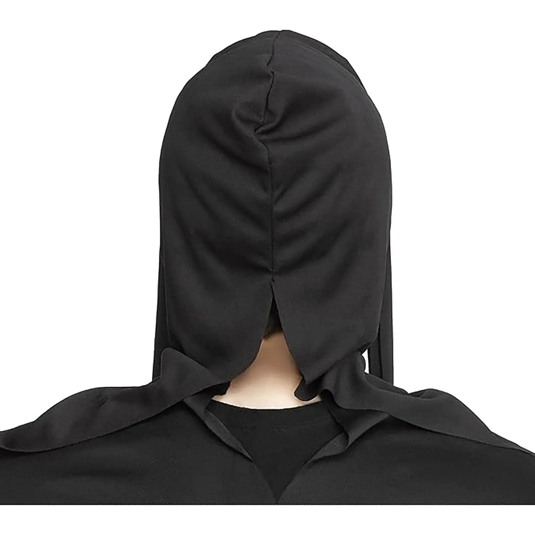 Back view of a black hood of a Ghost Face mask