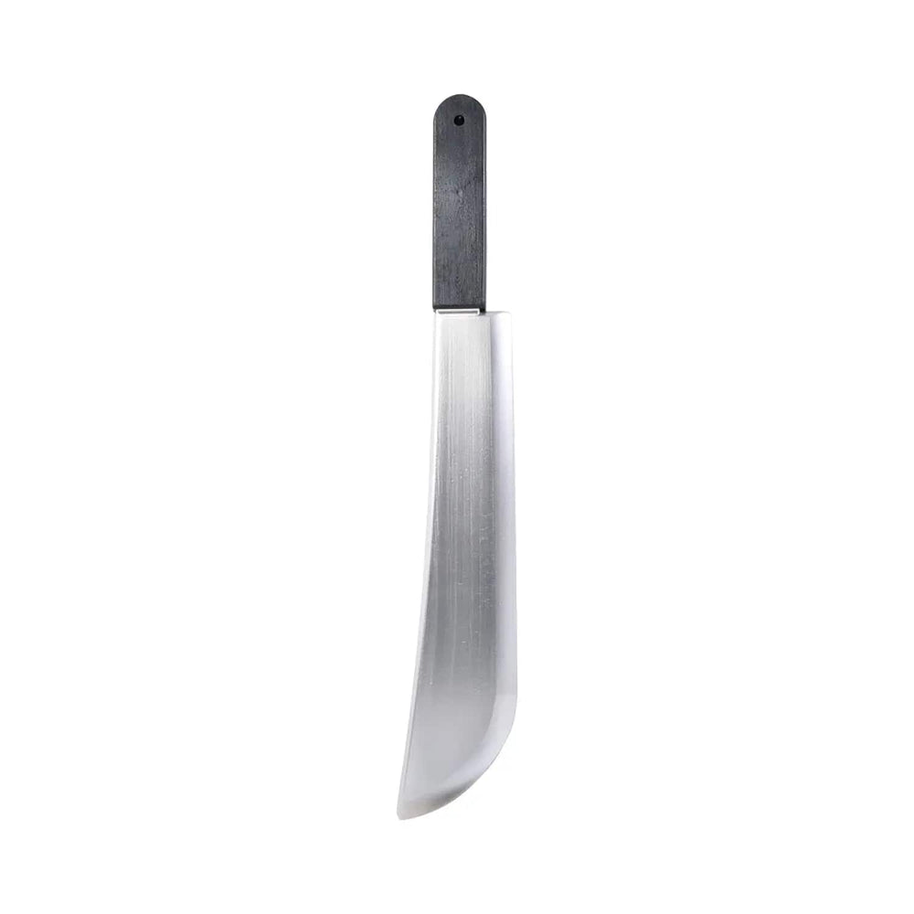 plastic machete knife with chrome effect fake blade and a black plastic handle for fancy dress costumes
