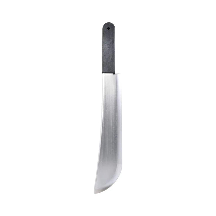 plastic machete knife with chrome effect fake blade and a black plastic handle for fancy dress costumes